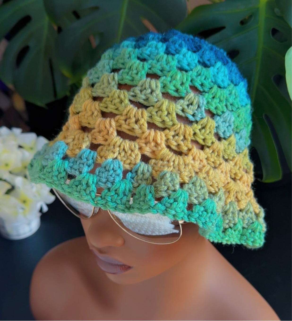 Crochet Granny Stitch Bucket Hat - Neon Stripes
