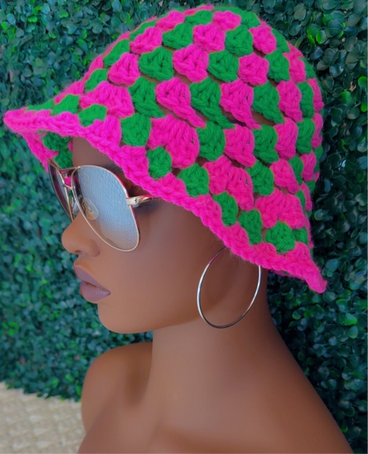 Striped Granny Stitch Bucket Hat (Pink & Green)
