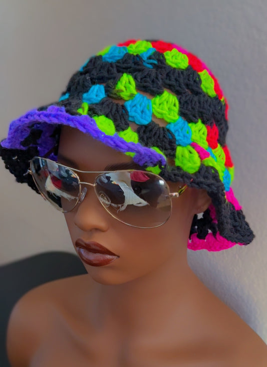 Crochet Granny Stitch Bucket Hat - Neon Stripes